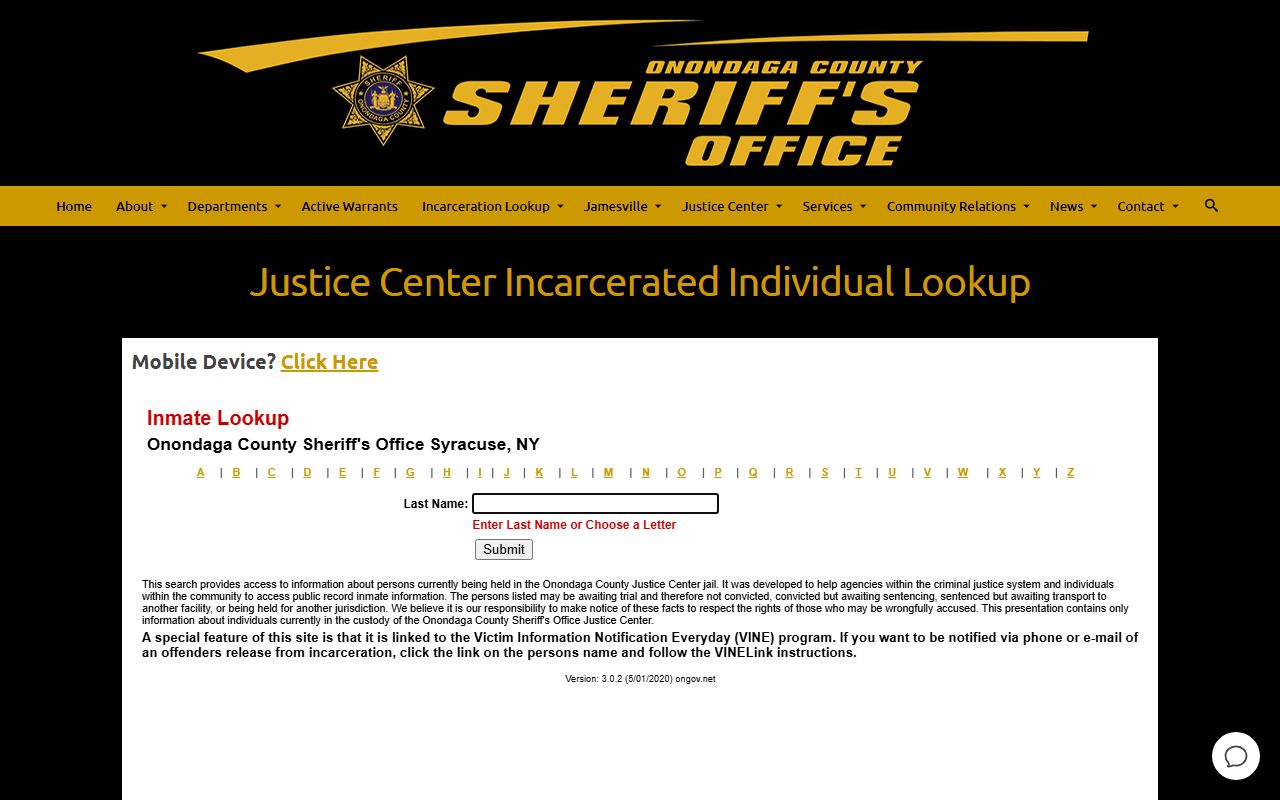Onondaga County Sheriff inmate lookup tool for Syracuse released inmates