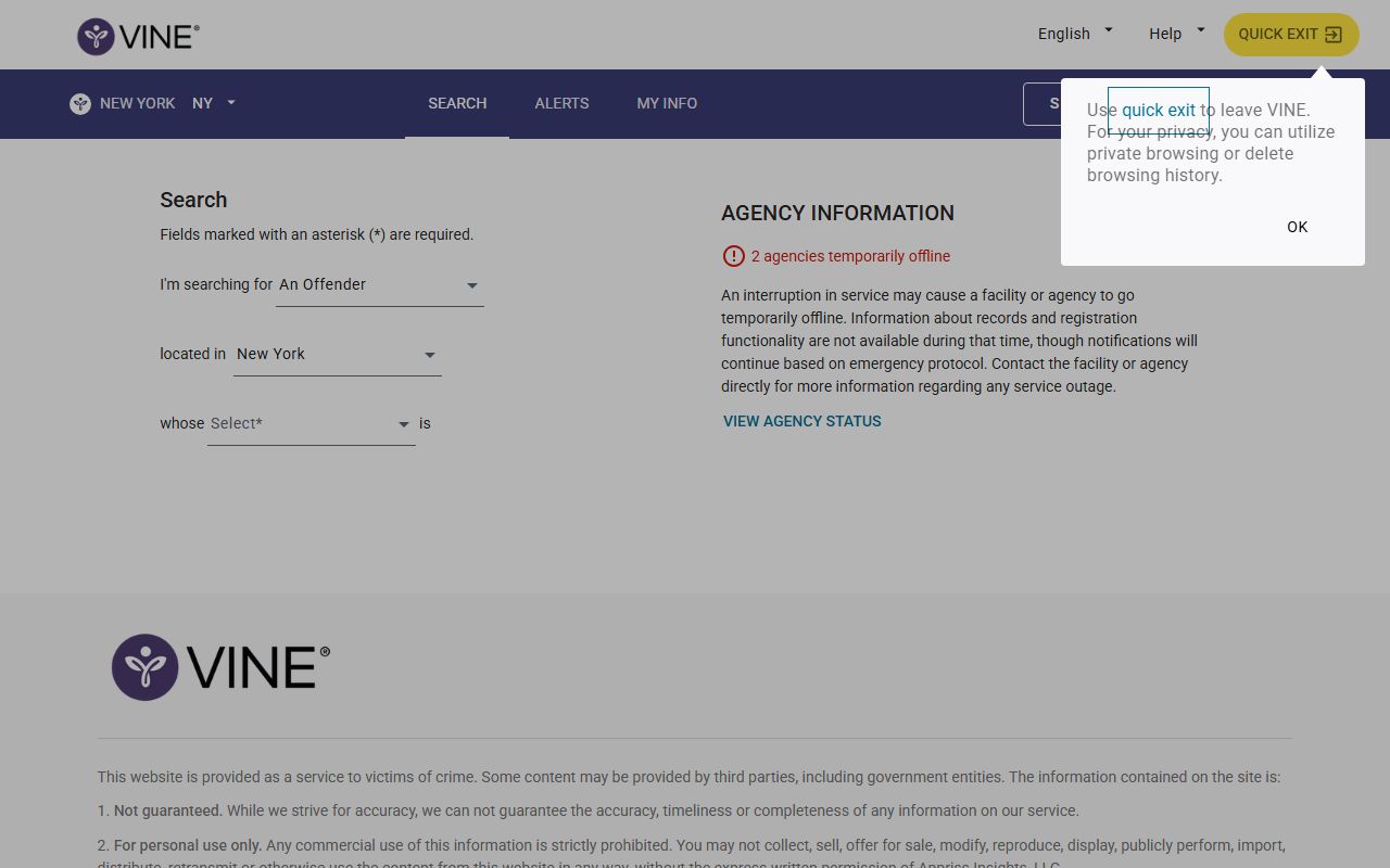 Allegany County Sheriff and VINE lookup for released inmates