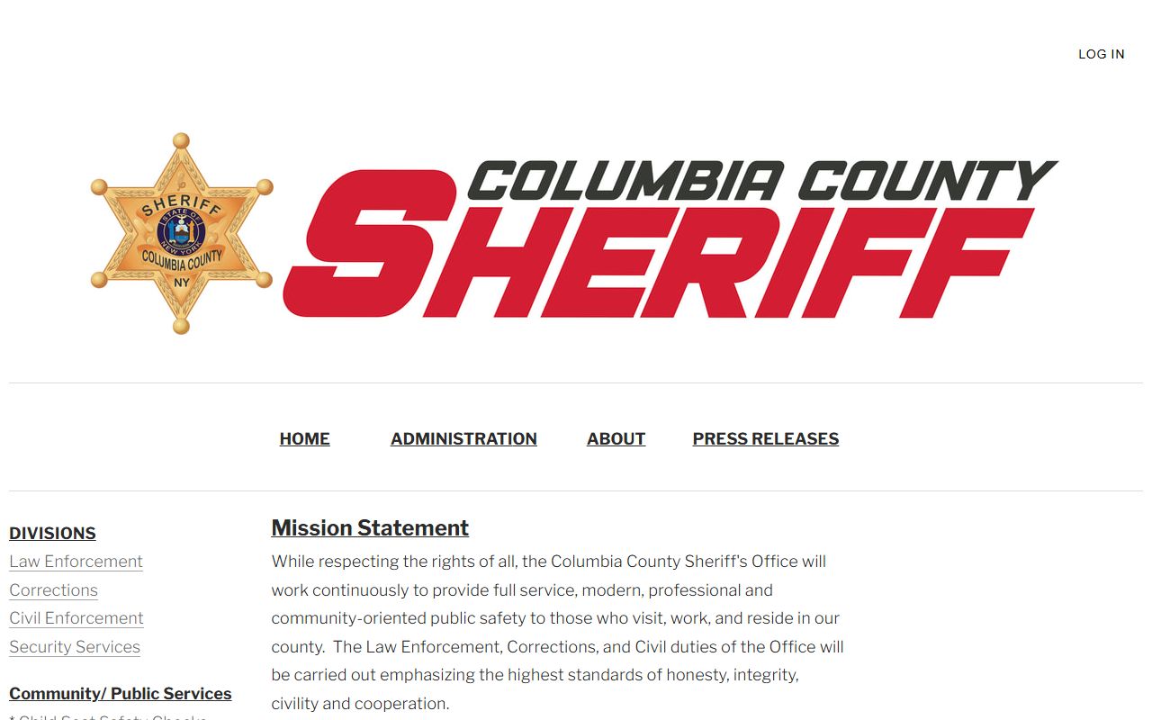 Columbia County Sheriff's Office website showing inmate lookup and released inmates information for Columbia County New York