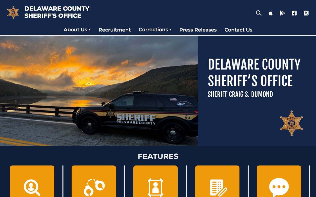 Delaware County Sheriff's Office website showing inmate search and released inmates information for Delaware County New York