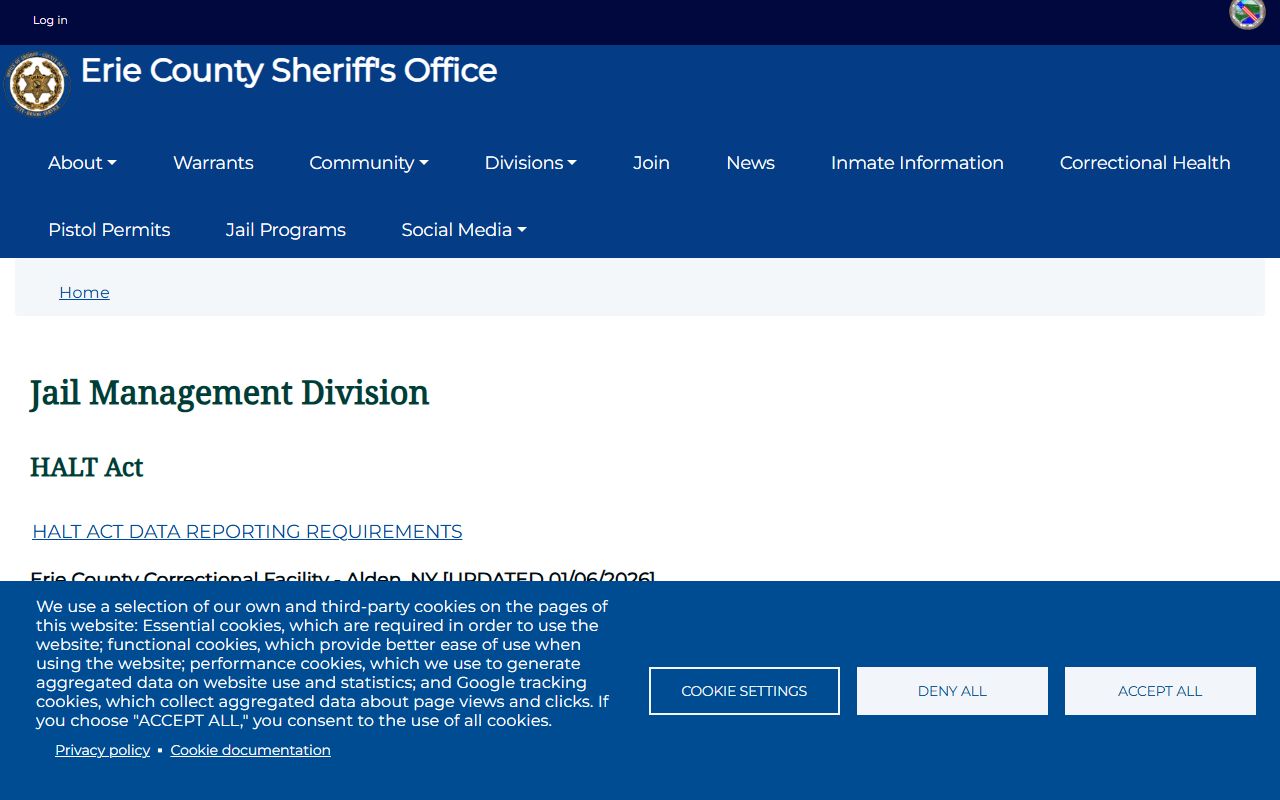 Erie County Sheriff Jail Management Division website showing inmate roster and released inmates information for Erie County New York