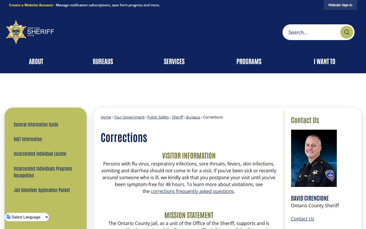 Ontario County Corrections website for released inmates information