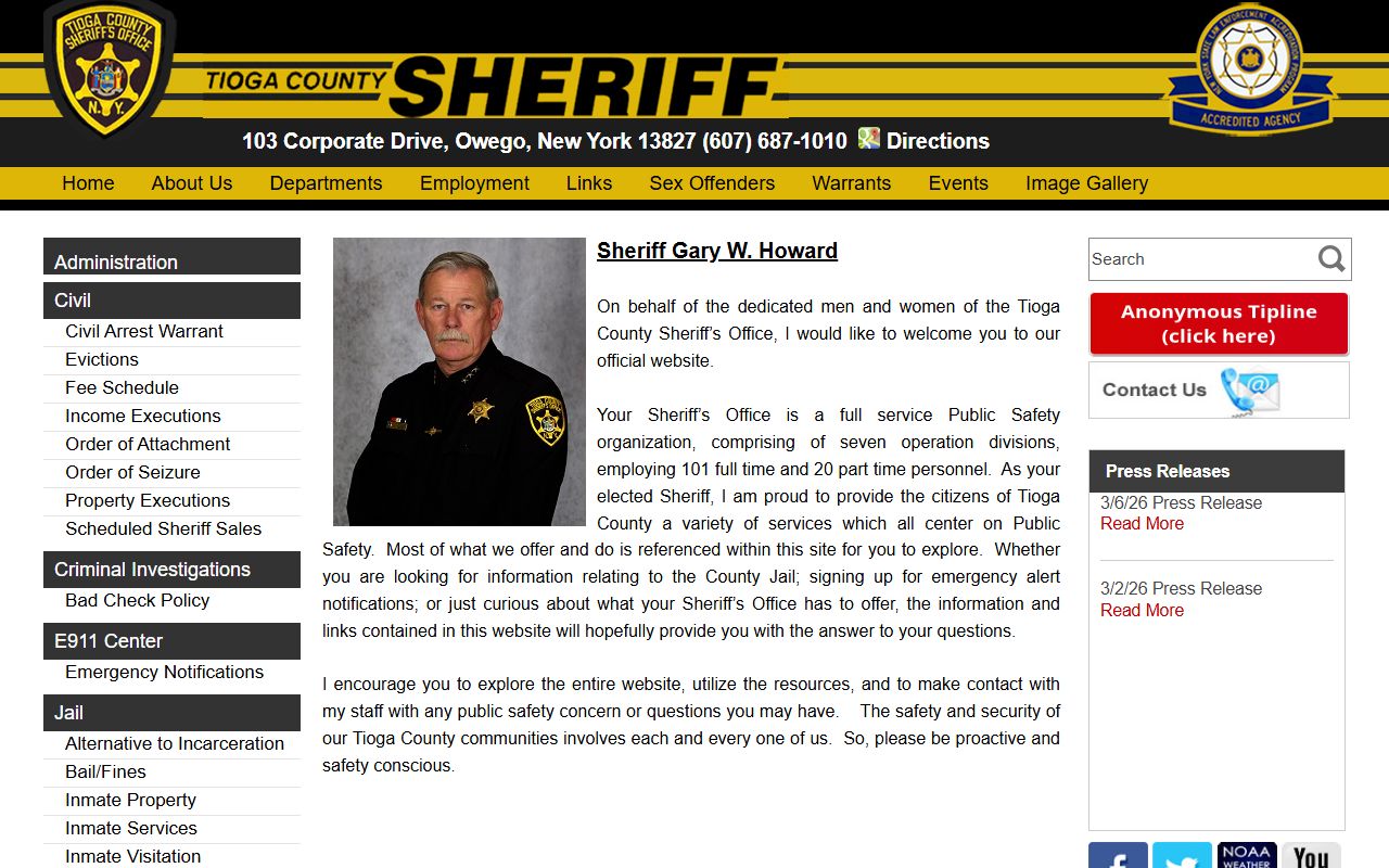 Tioga County Sheriff's Office released inmates lookup