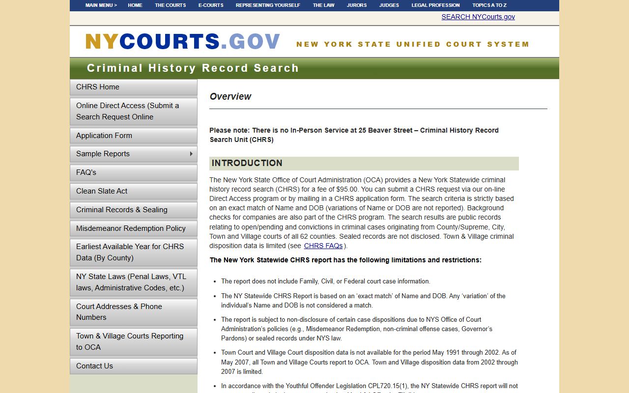 NYS Office of Court Administration Criminal History Record Search for New York released inmates